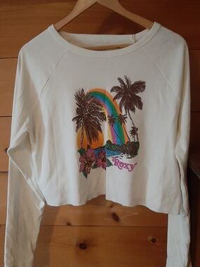 Roxy Cream Cropped Sweatshirt with Rainbow Palm Graphic